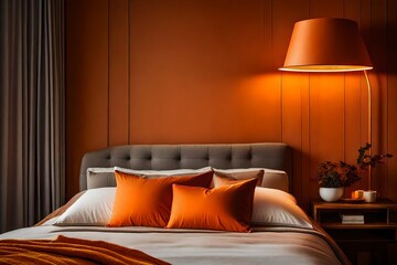 bed in room orange background and lamp
