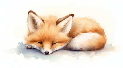  a painting of a sleeping fox with its head on it's side, with its eyes closed, on a white background.  generative ai