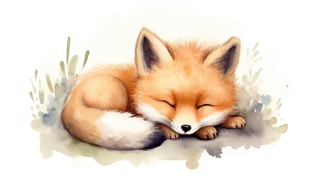  a painting of a sleeping fox with its head on its paws and it's head resting on the ground.  generative ai
