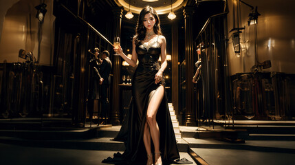 Beautiful sexy lady in elegant dress posing in luxury casino. Fashion shot. - obrazy, fototapety, plakaty