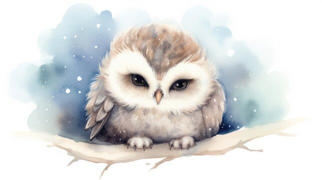  a watercolor painting of an owl sitting on a branch with snow falling down on it's head and eyes.  generative ai