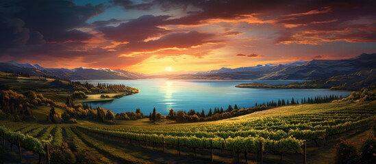 a vineyard and lake at sunset