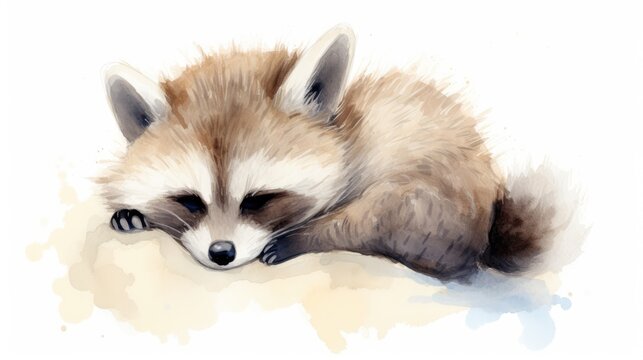  a watercolor painting of a raccoon sleeping on the ground with it's head on its paws.  generative ai