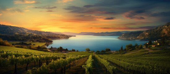 a vineyard and lake at sunset