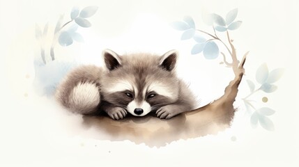  a painting of a raccoon laying on a branch with leaves on it's back and eyes closed.  generative ai