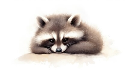 Obraz premium a raccoon that is laying down with its head on it's paws and eyes closed, with a white background. generative ai