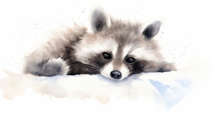 Obraz premium a watercolor painting of a raccoon resting on a white sheet with his head resting on the edge of the sheet. generative ai