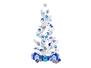 雪化粧した白いクリスマスツリーと青いオーナメント