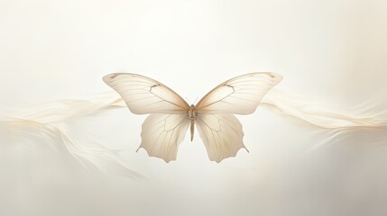  a white butterfly flying through the air with its wings spread out in front of it's back, with a blurry background.  generative ai
