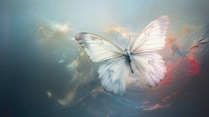  a white butterfly sitting on top of a red and blue object in the air with a blurry back ground.  generative ai