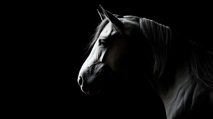  a black and white photo of a horse with its head turned to the side and it's mouth open.  generative ai