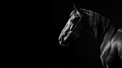  a black and white photo of a horse's head with a long mane and a black background with only one horse's head visible.  generative ai