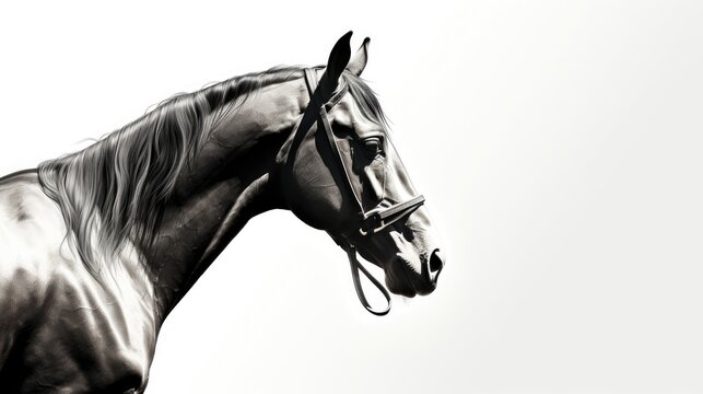  a black and white photo of a horse with a bridle on it's head and a white background.  generative ai