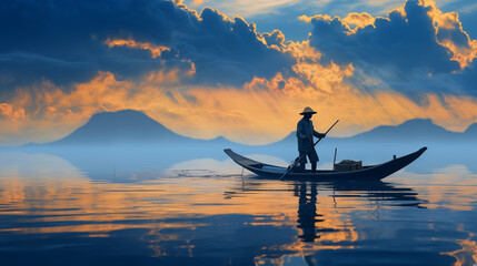 Fisherman Rows Against Fiery Sky, Mountains Frame Horizon