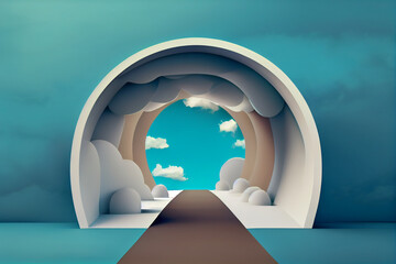 Obraz na płótnie Canvas 3d stylization, abstract paper background made of blue paper, a tunnel with flying clouds.