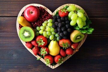 Naklejka na ściany i meble Fresh fruits and berries in heart shaped bowl on wooden table