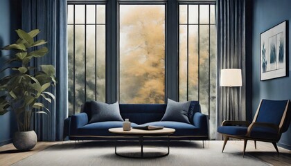 mood board capturing the ambiance of a Scandinavian apartment with a dark blue sofa and recliner chair - obrazy, fototapety, plakaty