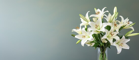 There is a fresh bud in a tall glass vase placed on a beige table against a gray wall with copy space available The bud is part of a bouquet that consists of white lilies - obrazy, fototapety, plakaty