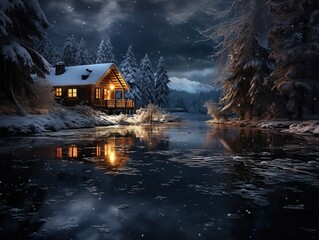 a cabin on a small lake in snowy winter at christmas evening 