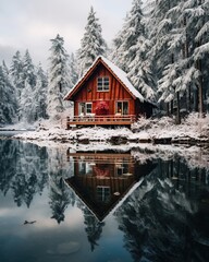 Fototapeta premium a cabin on a small lake in snowy winter at christmas evening 