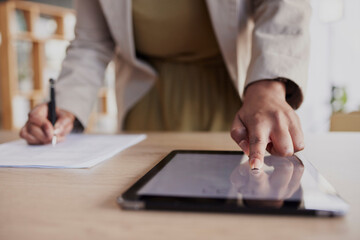 Hand, tablet and fingerprint with a business woman in her office to access a secure database of information. Technology, password or biometrics with a female employee working on documents at her desk