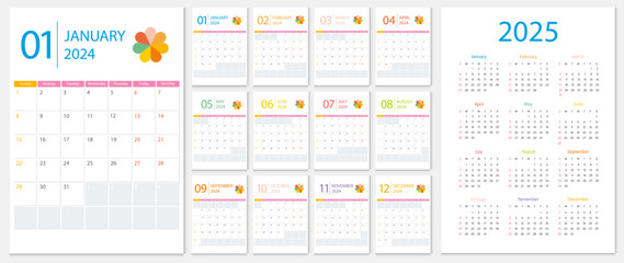 calendar for 2024 Calendar 2023, calendar 2024, calendar 2025 week start Sunday corporate design template vector.