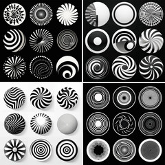 set of black and white circles swirl sphere curl spiral curve print effect shiny round graphic twirl motion optical geometric