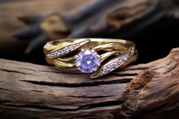 two diamond-encrusted bands on a lilac bud in a rustic setting