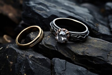 gothic black wedding rings on a dark basalt rock