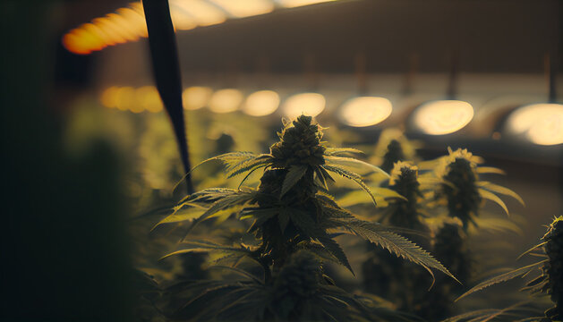 Marijuana cultivation; cannabis greenhouse. Abstract AI generated illustration.