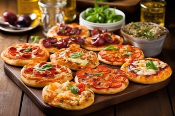 assortment of mini bbq pizzas on a table - obrazy, fototapety, plakaty