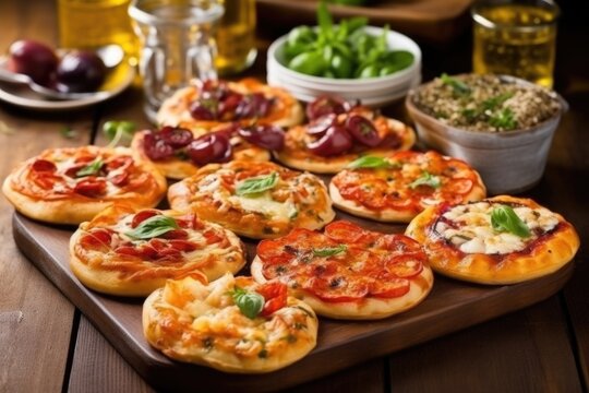 assortment of mini bbq pizzas on a table