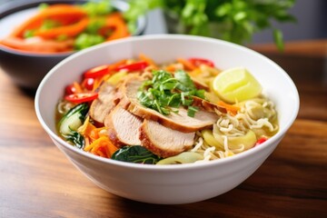 a hot bowl of ramen noodles with sliced vegetables