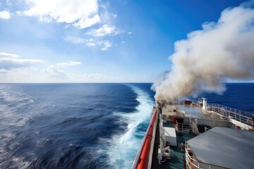 ship producing smoke while moving in open sea