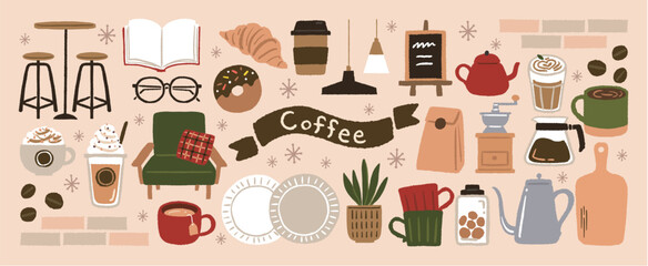カフェとコーヒーのかわいいイラスト素材セット