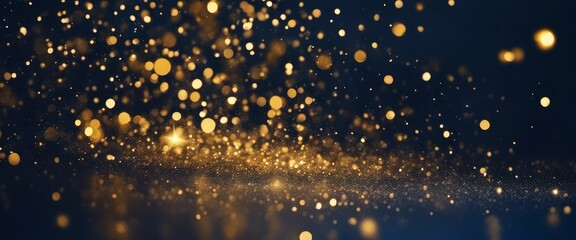 Close up of gold glitter particles on a dark blue background. The particles are different sizes and shapes and they sparkle in the light. The image creates a festive and glamorous mood. - obrazy, fototapety, plakaty