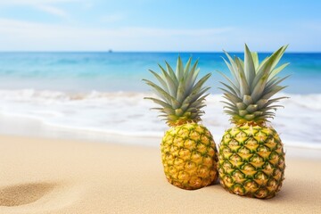 two pineapple fruits together on a tropical beach