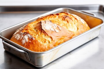 freshly baked bread in an aluminum baking pan