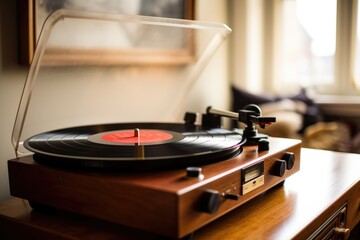a record player with a music record, suggesting music therapy