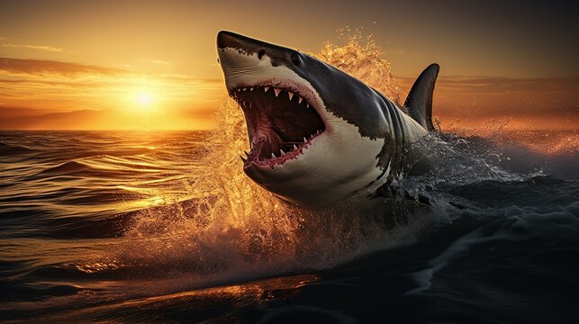 An AI illustration of a great white shark is coming out of the ocean at sunset