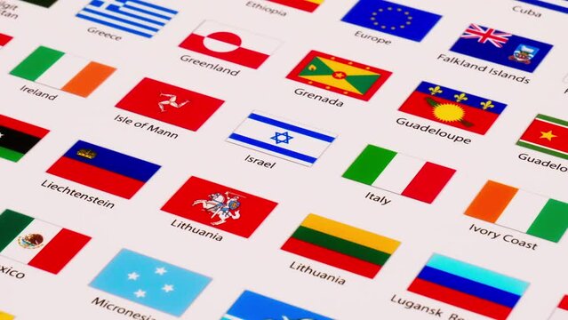 Zooming out of a close-up on a picture of the different flags and banners of the world.