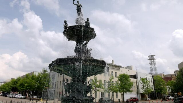 Court Square Fountain in Montgomery, Alabama with video panning right to left in slow motion.
