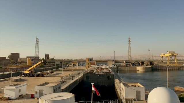 Esna lock on the Nile river. River transport. Engineering work