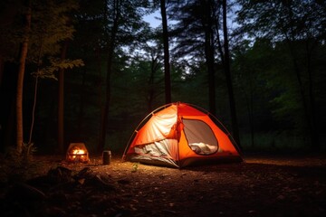 a tent with a glowing lantern under it