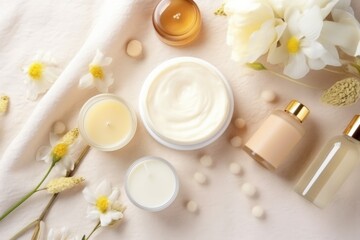 Obraz na płótnie Canvas flat-lay of skin lotions, creams and serum bottles