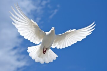 white dove flying against a blue sky - obrazy, fototapety, plakaty