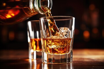 a shot glass being filled with whiskey - obrazy, fototapety, plakaty