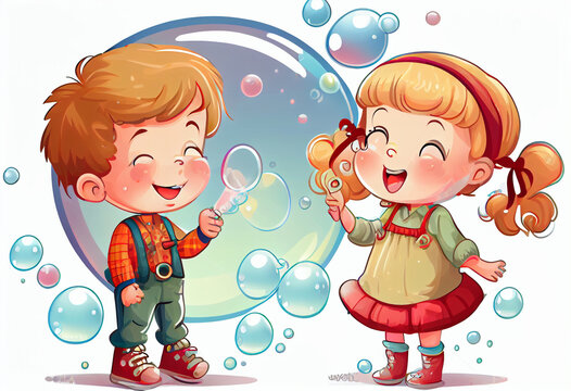 Cartoon illustration, a boy and a girl blow soap bubbles. Isolated on a white background. AI generated.
