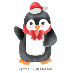 Adorable Winter Penguin with Red Scarf and Hat Whimsical Christmas Illustration