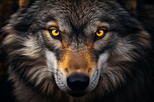 Close-up photo of wolf, scary predator in the forest.	
